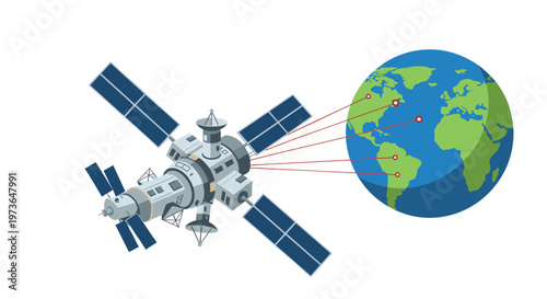 A satellite orbits above a stylized globe with precise red lines connecting the hardware to specific geographical locations on the planet in this view.