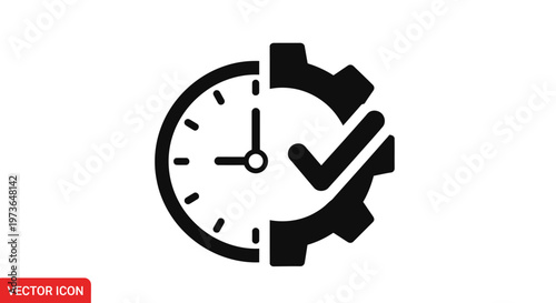 Time management and efficiency icon with a clock, gear, and checkmark, in a black solid design on an isolated white background.