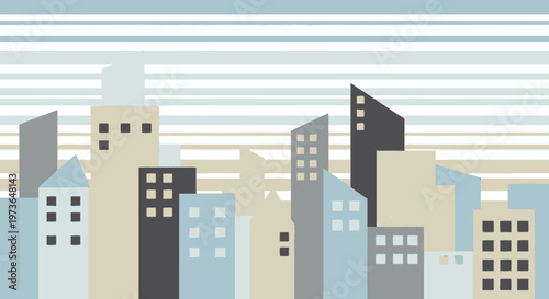 Modern cityscape silhouette with various buildings and structures under a striped sky, representing urban life.