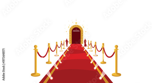 A red carpet leads to an arched doorway marked awards flanked by gold stanchions and velvet ropes under bright spotlights in this elegant event scene.