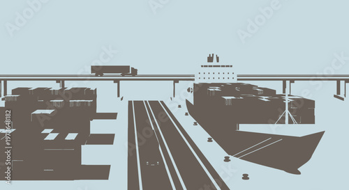 Industrial Transport Scene with Cargo Ship and Highway Overpass with Trucks in a Port Setting