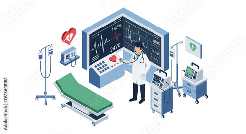 Doctor in modern medical equipment room with monitors and patient bed.