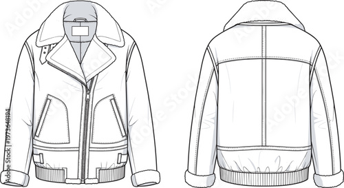 Shearling jacket front and back view line art winter apparel fashion outerwear vector illustration editable outline design template