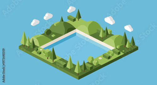 Isometric landscape with a central square body of water surrounded by green hills and trees under a blue sky with clouds.