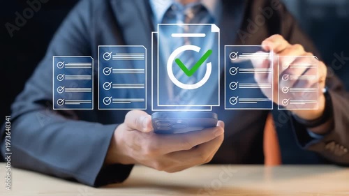 Businessman checking off tasks on a digital checklist with a smartphone, modern business concept