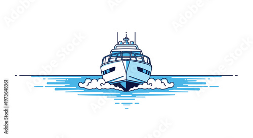 A pristine white luxury yacht cruises across the tranquil azure ocean surface while creating a symmetrical wake pattern in a clean minimalist design.