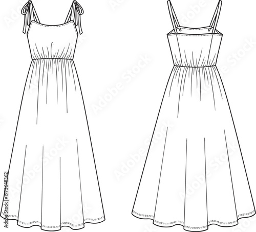 Summer maxi dress front and back view line art fashion apparel template sleeveless outfit vector editable outline design
