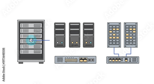 A tall server rack with a glowing blue button stands beside three standalone server towers and a network switch in a professional data center layout.