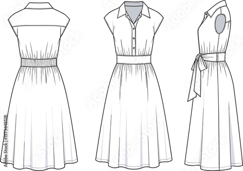 Women shirt dress front back and side view line art fashion apparel template belt outfit vector editable outline