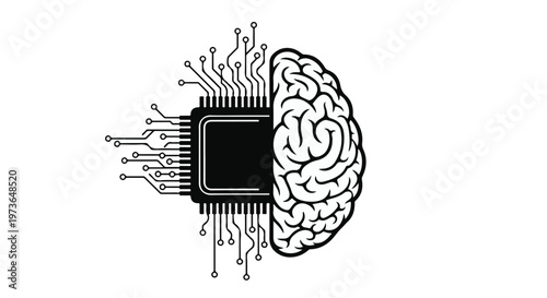 Microchip integrated with a human brain silhouette represents the intersection of biological intelligence and advanced machine learning technology.