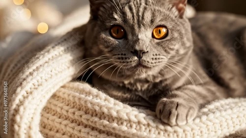 Relaxing gray cat resting comfortably on cozy knitted blanket