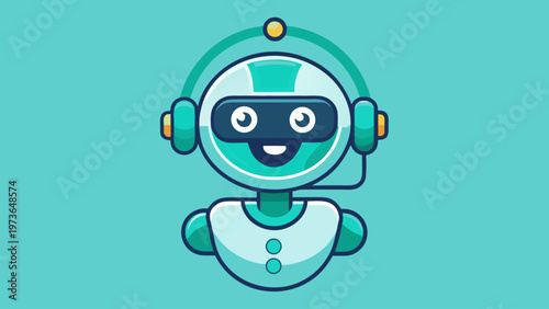 Flat vector illustration of a friendly customer service AI robot with headset. Concept of 24/7 chatbot, virtual assistant, automated online support
