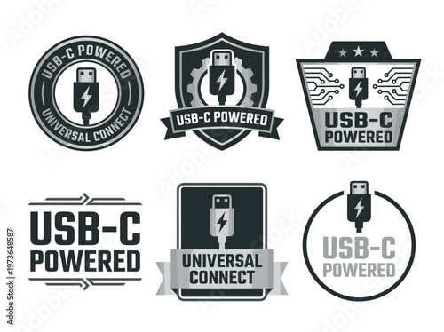 USB-C powered product label emblem set: universal compatibility badge with lightning bolt icon