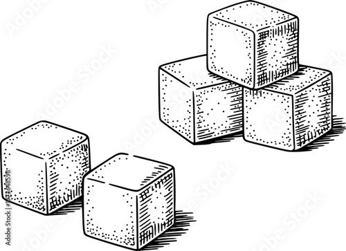 Hand Drawn of Sugar Cubes Stacked and Scattered White Background food sweet