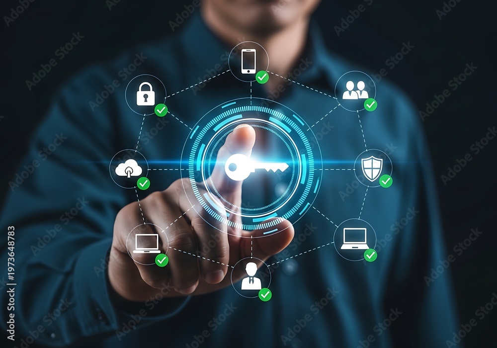 Fototapeta premium Professional activating cybersecurity platform with encryption key representing digital identity protection and secure data systems