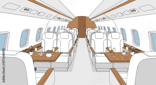 The luxurious interior of a private jet features white leather seats and polished wooden tables with champagne glasses under warm ambient cabin lighting.