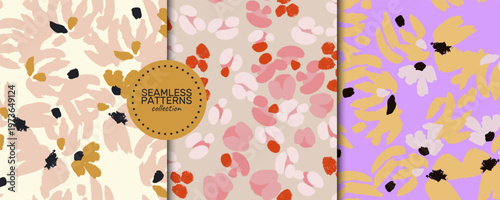 A seamless vector patterns collection in ochre, blush, coral, lilac and black on cream, beige and soft pink with hand-painted floral blooms