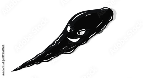 Slime character with a mischievous grin glides across a plain white background in this graphic illustration.