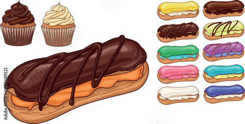 Eclair Desserts Collection Colorful Pastry Set Bakery Sweet Flat Vector