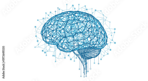 A glowing blue wireframe brain is connected to a complex network of nodes and lines on a clean white background representing advanced neural connectivity.
