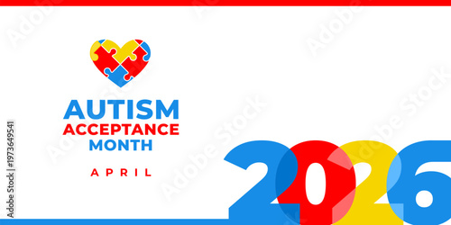 National autism awareness month 2026. Vector banner, poster, flyer, greeting card for social media with the text National autism awareness month April. Illustration with Puzzles on white background.