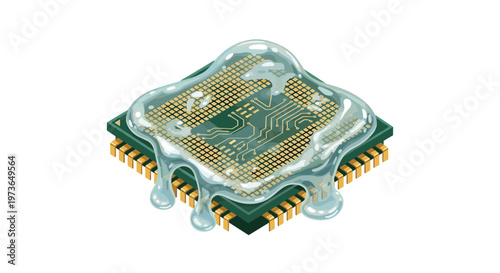 Viscous transparent liquid spills over a detailed green circuit board with metallic gold pins resting in a clean and minimalist bright white studio space.