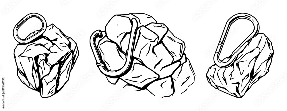 Fototapeta premium Rock climbing carabiners set with black line art illustration on white background featuring carabiners, climbing gear, knotting with minimalism and silhouette