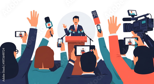 Press conference with politicians speaking to reporters holding microphones and cameras