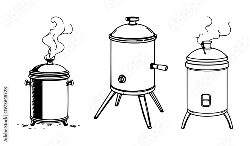 Beekeeping smoker tool set with simple black line art design featuring apiary equipment, honey production, farm tools with animal care and beekeeper supplies