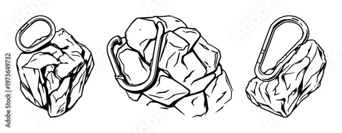 Rock climbing carabiners set with black line art illustration on white background featuring carabiners, climbing gear, knotting with minimalism and silhouette