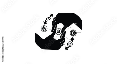 Hands interacting with digital cryptocurrency symbols represent the exchange of modern financial assets.