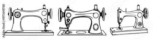 Antique sewing machine set with elegant black line art on white background featuring sewing machine, vintage, line illustration with minimalist and vector