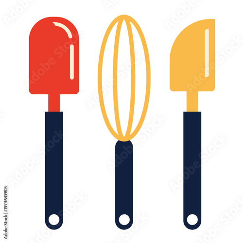 Colorful Flat Design Kitchen Utensils Set Red Spatula Yellow Whisk and Scraper.