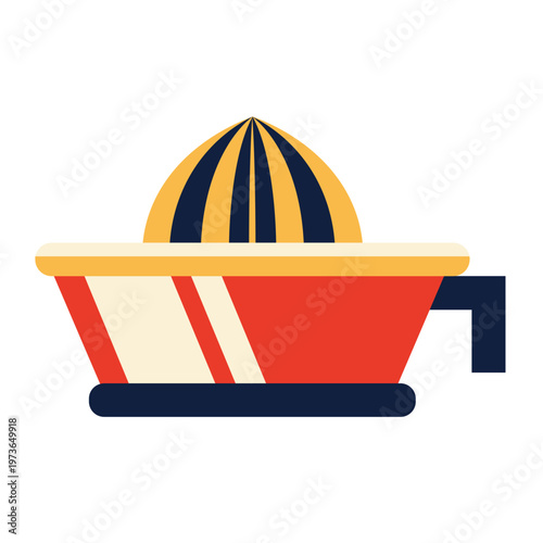 Colorful flat design manual citrus juicer with striped reamer and red bowl.