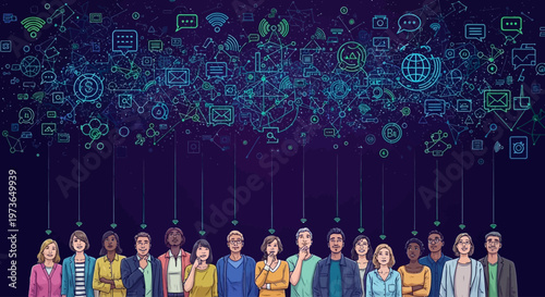 Digital Interaction, People, Virtual World, Illustration, Modern, Group Perspective, Community Engagement