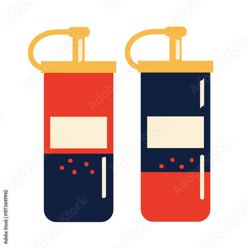 Minimalist graphic illustration of two colorful sauce bottles with yellow loop caps beige labels and red liquid dots.