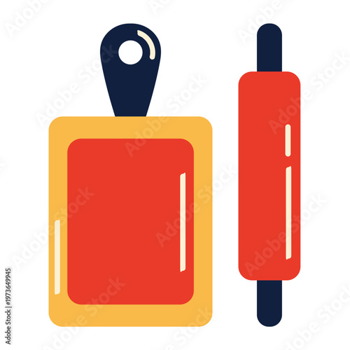 Graphic red cutting board with yellow border and dark blue handle beside a red rolling pin flat design.