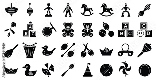 Childhood Memories Toy Icons in Black Silhouette Style
