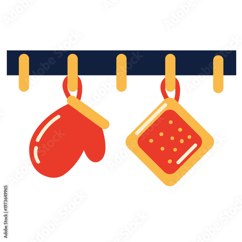 Red oven mitt and square pot holder with yellow trim hanging on hooks Flat kitchen illustration.