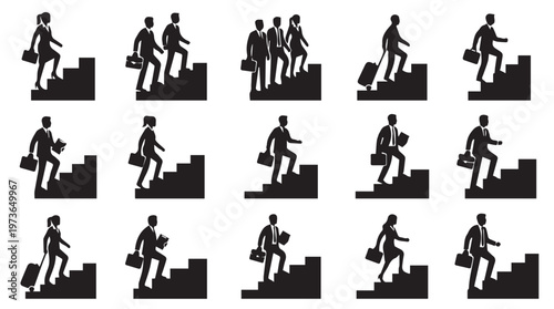 Businessman climbing stairs with briefcases.