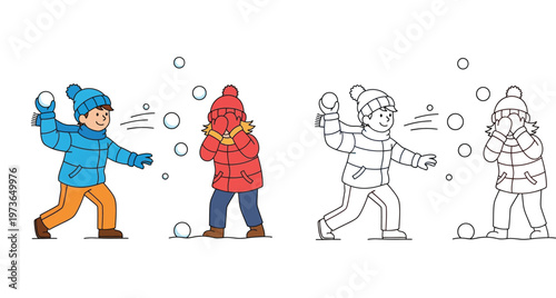 Cute kids having a snowball fight in winter. Cartoon children throwing snowballs. Includes full color and black and white outline vector illustration for coloring book.