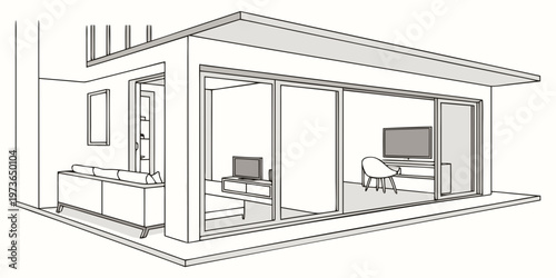 A black and white line drawing of a modern house interior with a living room and home office