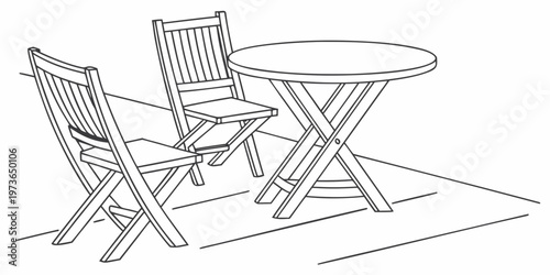Line drawing of two folding chairs and a round folding table