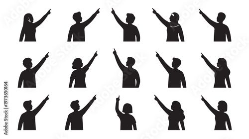 Black silhouettes of people pointing up.