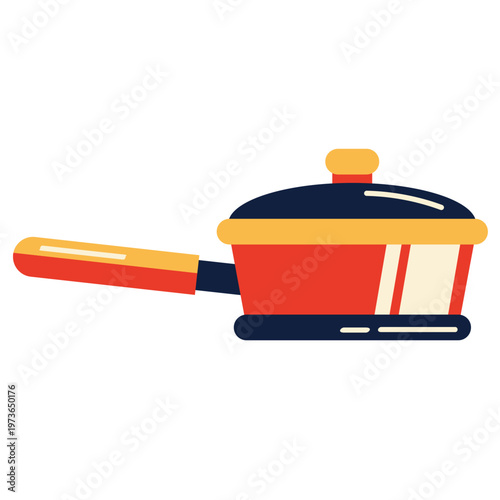 Vibrant red cooking pot with dark blue lid and yellow handle flat design illustration.