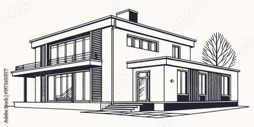 Modern twostory house with balcony and chimney in a simple line drawing style