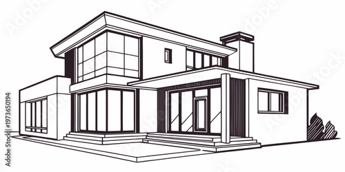 A black and white line drawing of a modern twostory house with large windows and a chimney