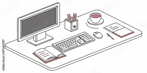 An illustration of a computer workspace with monitor, keyboard, mouse, book, coffee cup, and office supplies on a desk