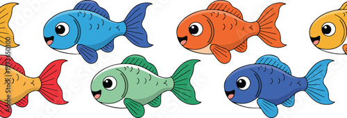 Simple child style aquarium fish collection, cute colorful marine animals flat vector illustration set isolated on white background