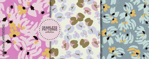 A seamless vector patterns collection in vibrant pink, soft beige, and dusty blue with floral blooms in mustard, lilac, black and off-white